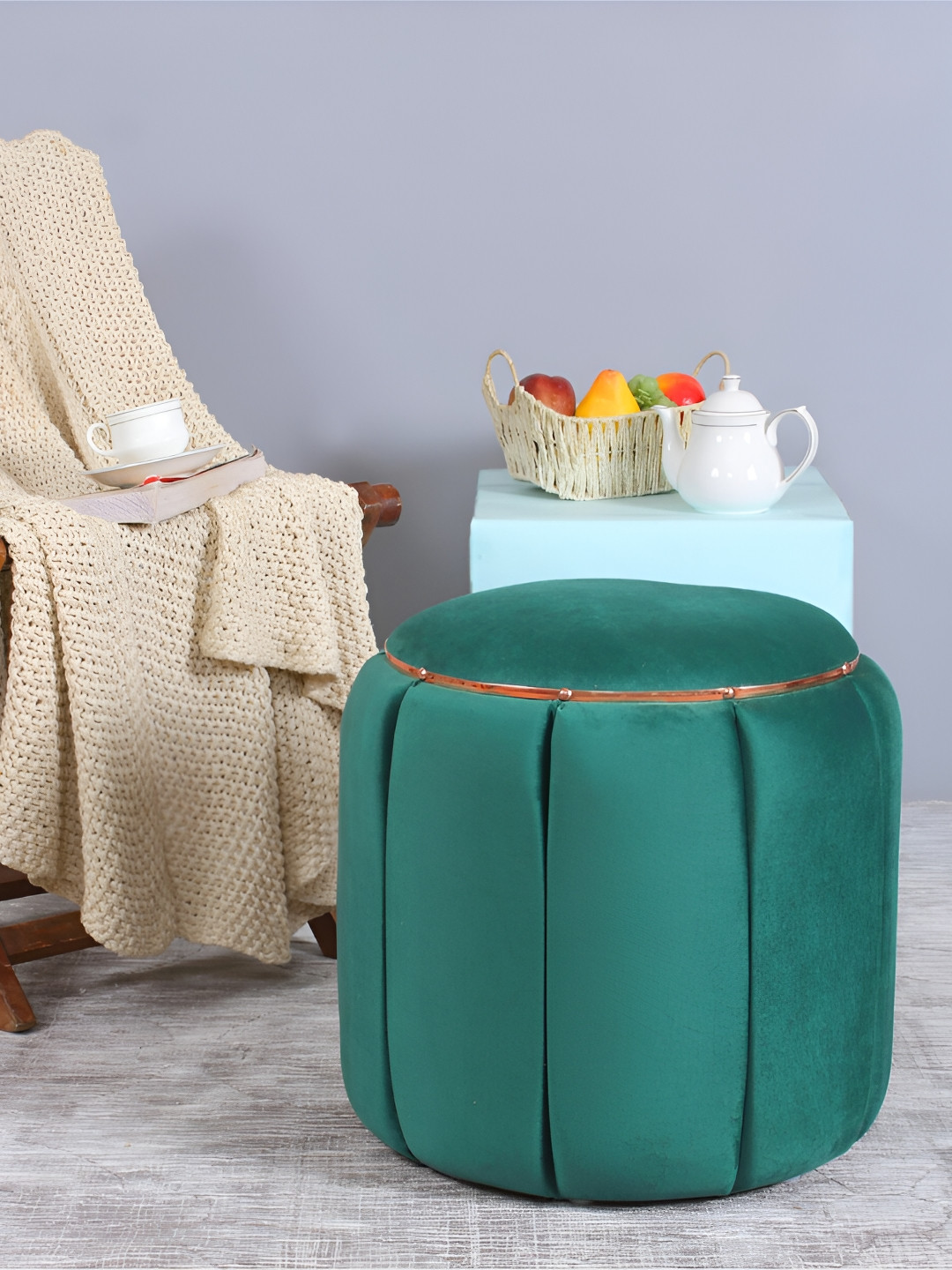 Shadowkart Green Wooden & Velvet Round Ottoman