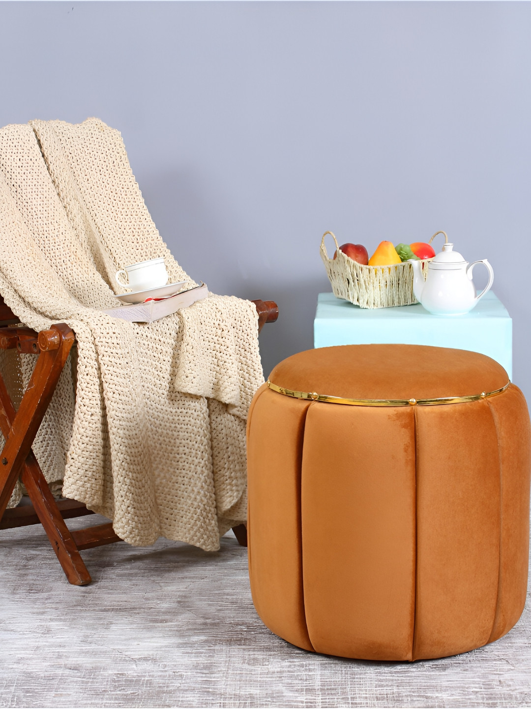 Shadowkart Mustard Yellow Wooden & Velvet Round Ottoman