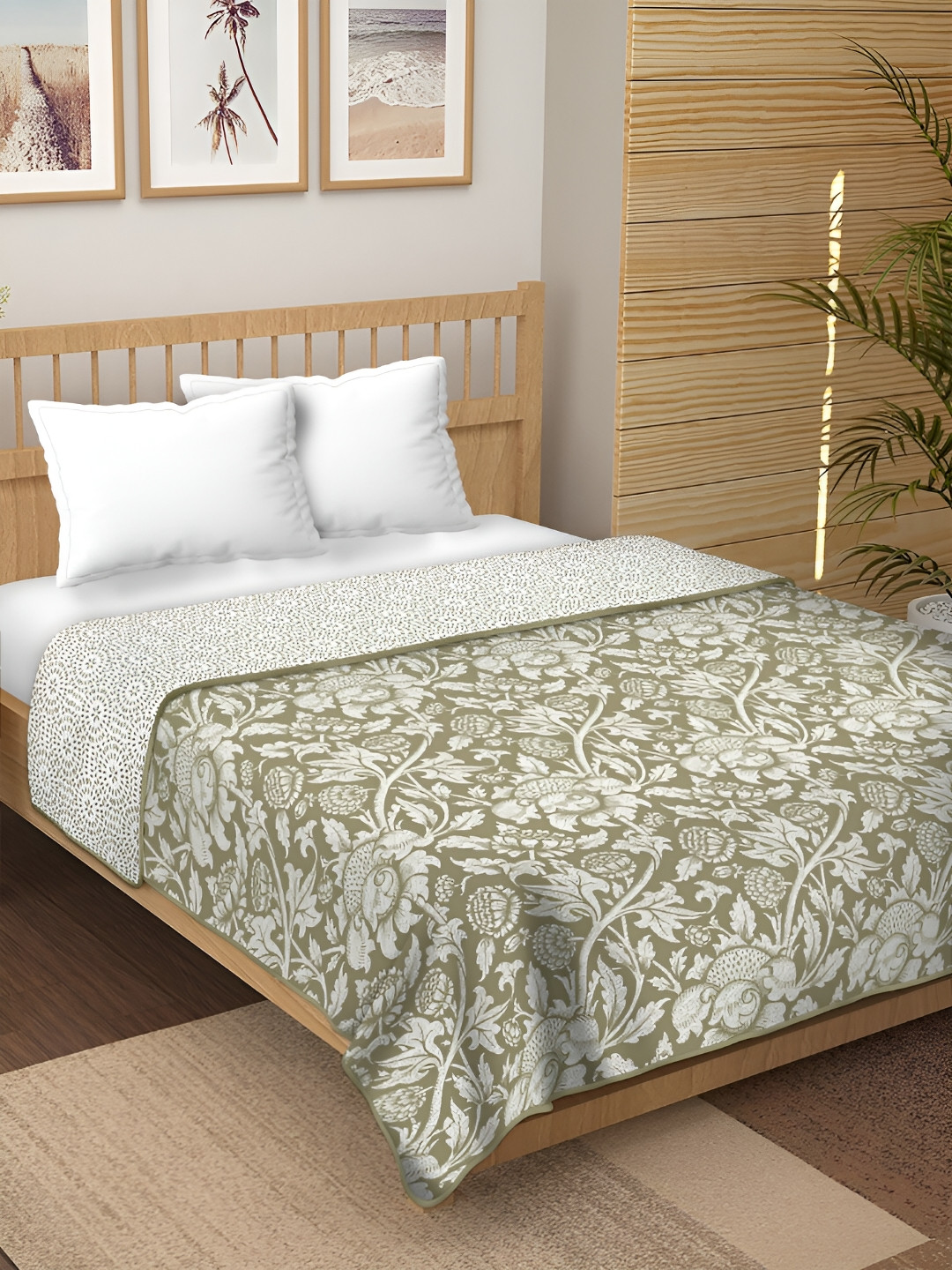 CHICERY Green & White Floral Pure Cotton AC Room 210 GSM Reversible Single Bed Dohar