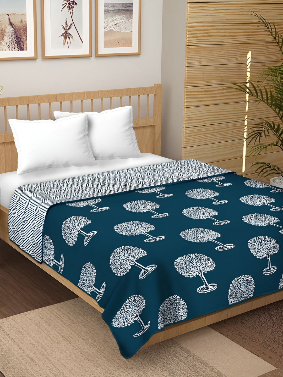 CHICERY Blue & White Floral Pure Cotton AC Room 210 GSM Reversible Double Bed Dohar