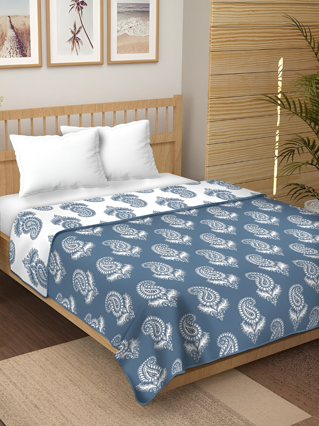 CHICERY White & Blue Ethnic Motifs Pure Cotton AC Room 210 GSM Reversible Double Bed Dohar