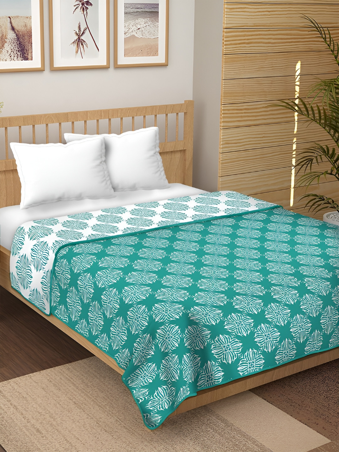 CHICERY Green & White Floral Pure Cotton AC Room 210 GSM Reversible Double Bed Dohar