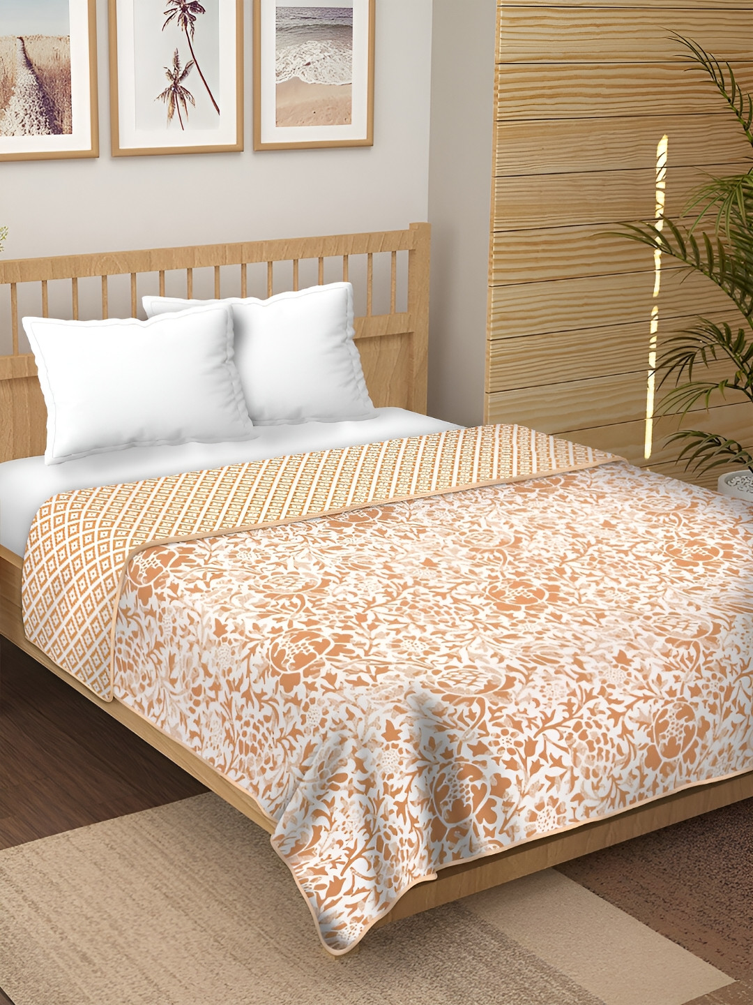 CHICERY Camel Brown & White Floral Pure Cotton AC Room 210 GSM Reversible Single Bed Dohar