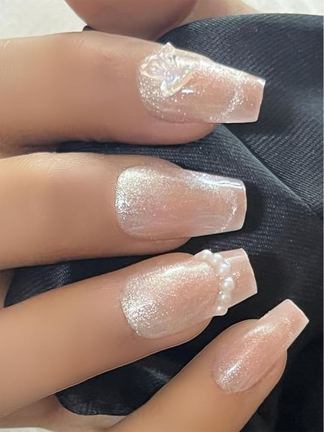 Secret Lives 24-Pcs Cats Eye with 3D Butterfly & Pearls Artificial Nails - Pink & White