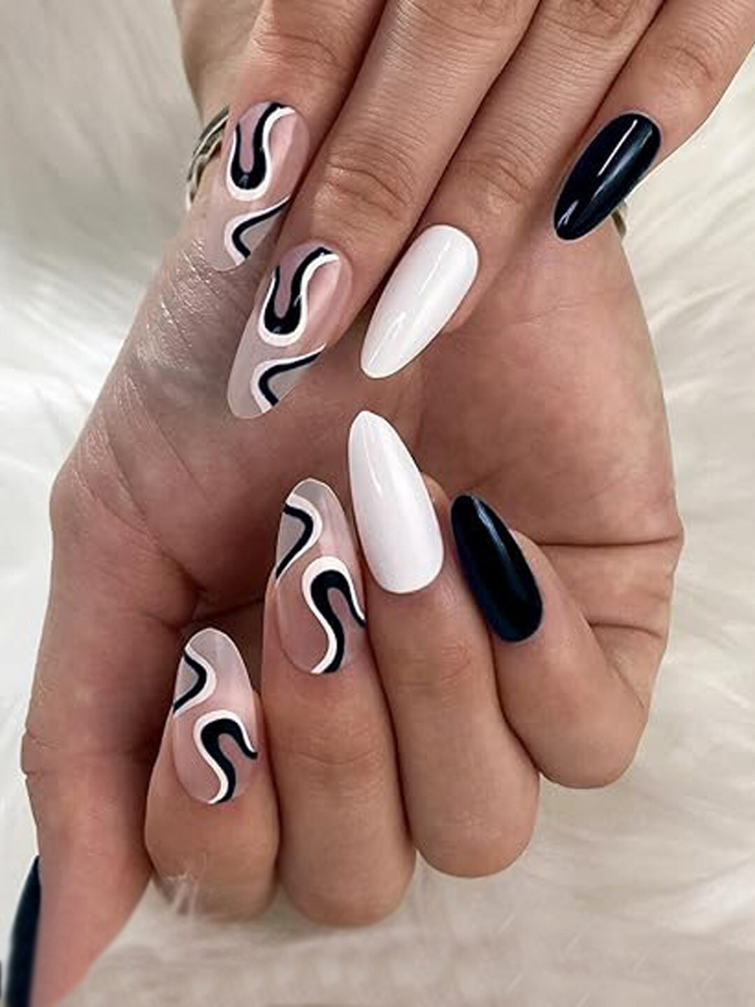 Secret Lives Set Of 24 Glossy With Combo Design Artificial Nails - Pink+White+Black