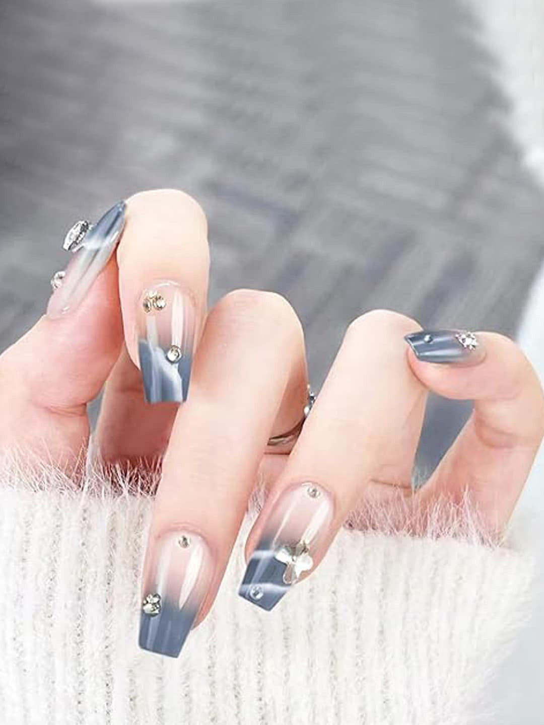 Secret Lives Set Of 24 Press On 3D Studs Artificial Nails - Transparent+Blueish Grey