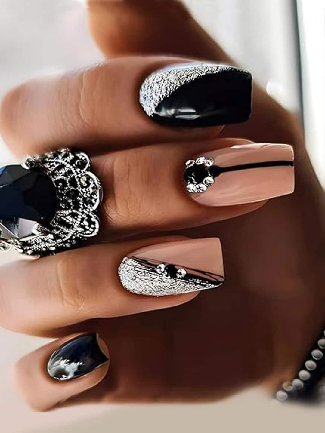 Secret Lives Set Of 24 Cats Eye Glitter Artificial Nails - Rhinestone+Skin+Black