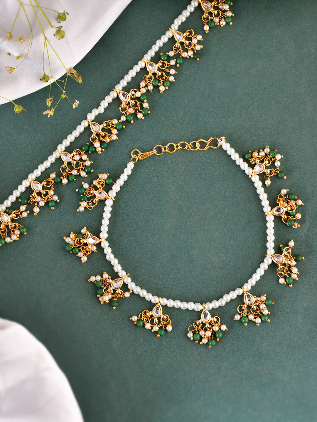 Silvermerc Designs Set Of 2 Gold-Plated Kundan Studded & Beads Beaded Anklets
