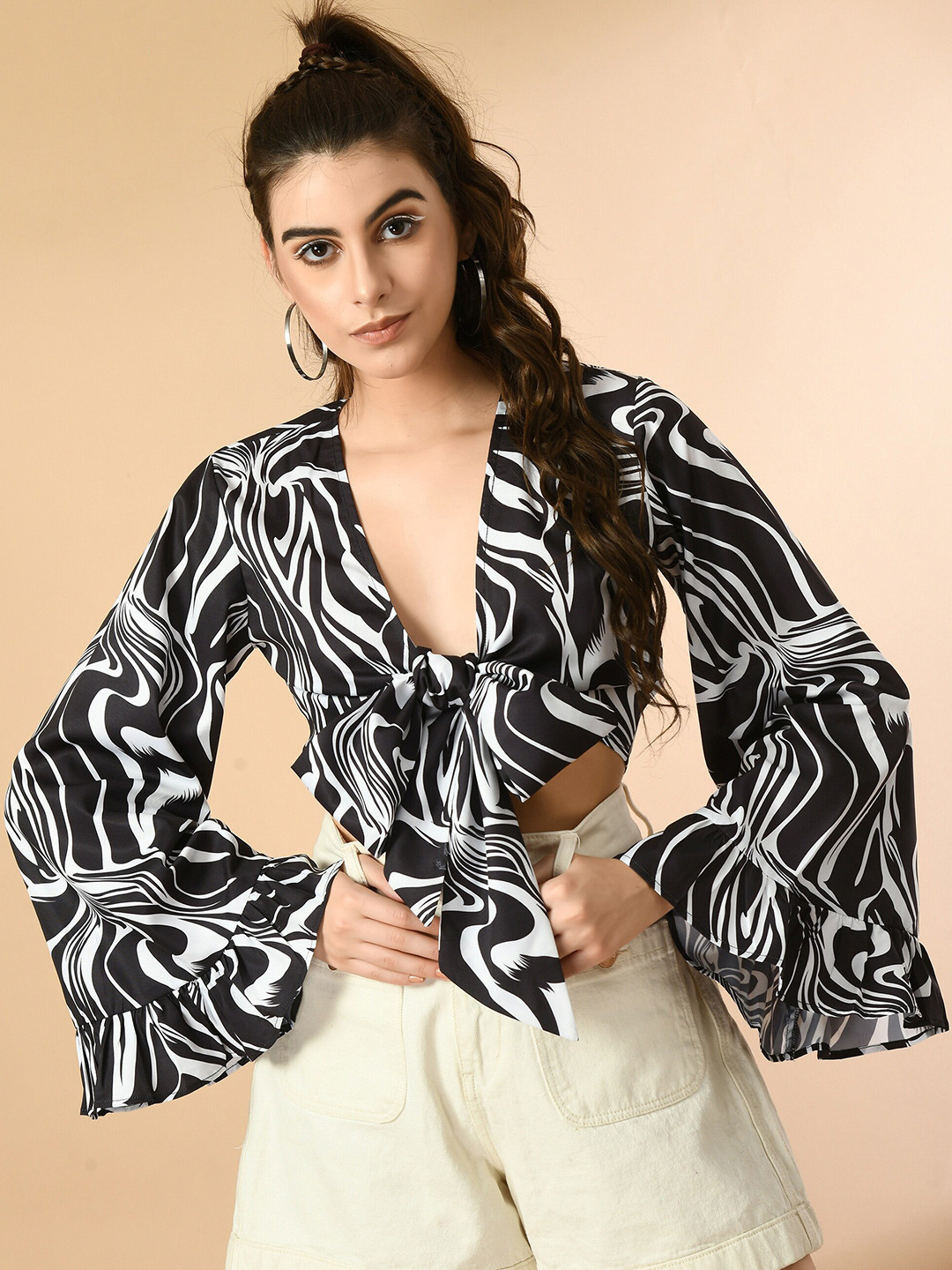 Fuchsia Black Abstract Printed Tie-Up Neck Bell Sleeve Crop Top