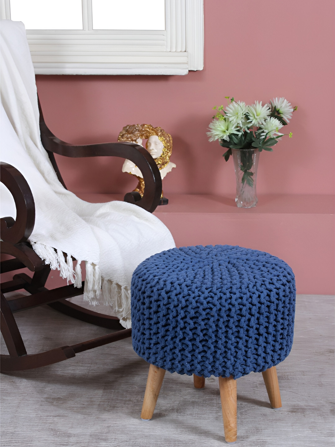Shadowkart Blue & Brown Textured Braided Wooden Round Ottoman