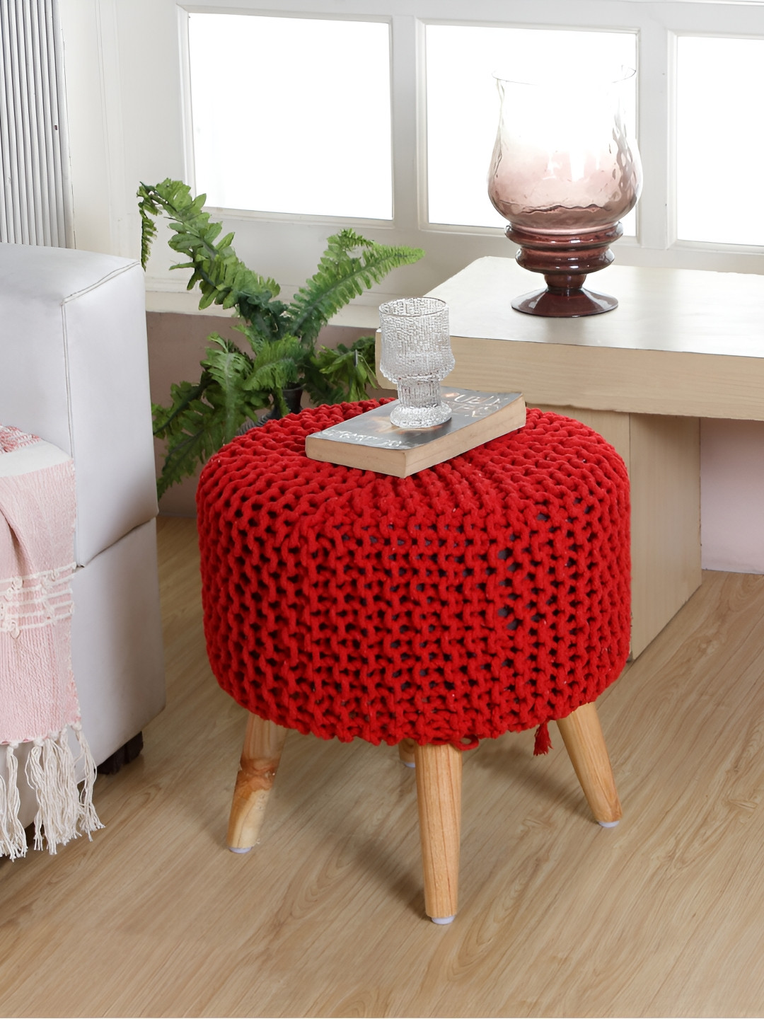Shadowkart Red & Brown Textured Braided Wooden Round Ottomans