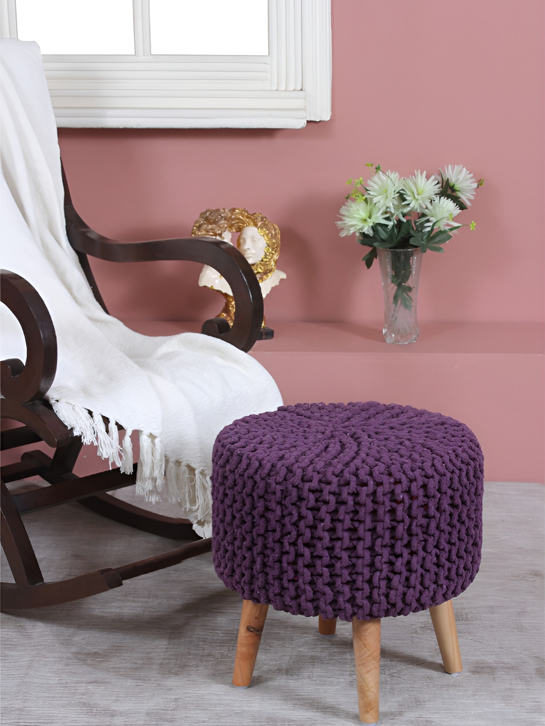 Shadowkart Purple  & Brown Textured Braided Wooden Round Ottoman