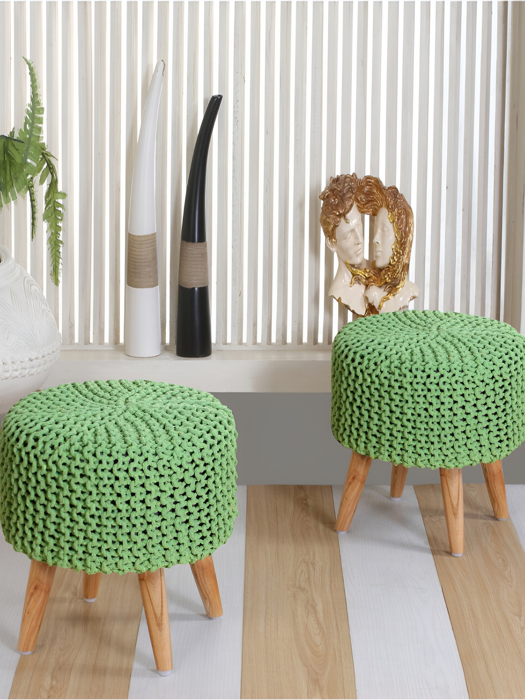 Shadowkart 2 Pieces Green & Tan Brown Knitted Dori Round Ottomans