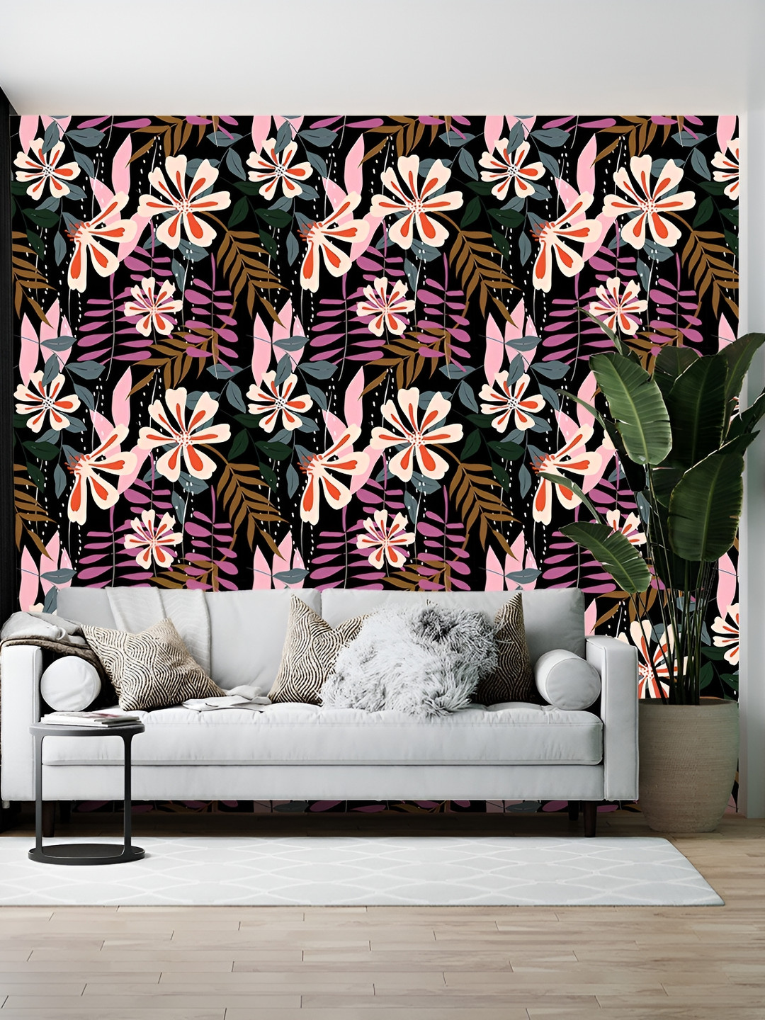 British Terminal Black & Pink Floral Printed Self-Adhesive Water-Resistant Wallpaper