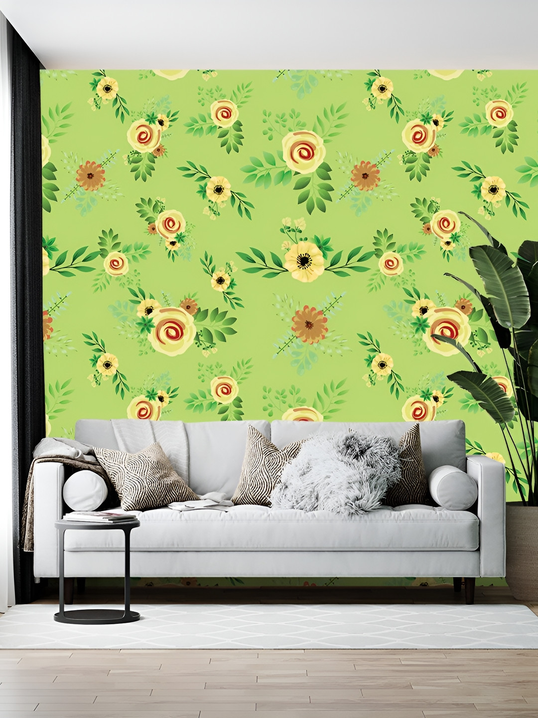 British Terminal Green & Yellow Floral Printed Wallpaper