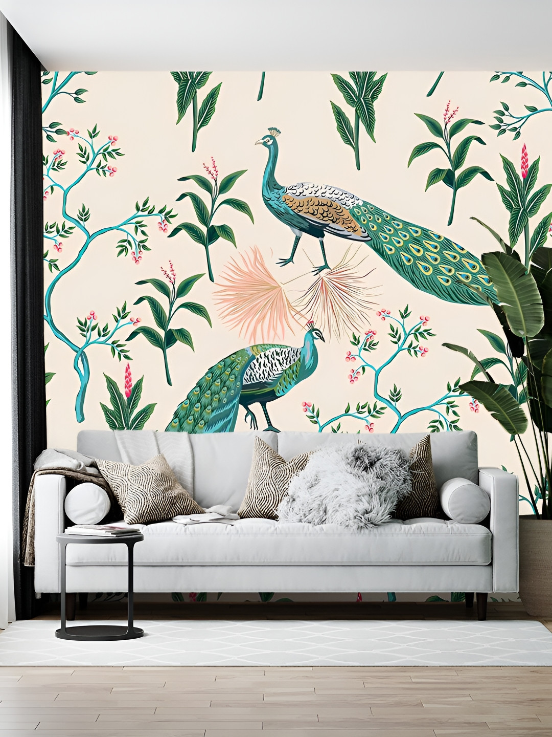 British Terminal Cream & Green Peacock Printed Wallpaper