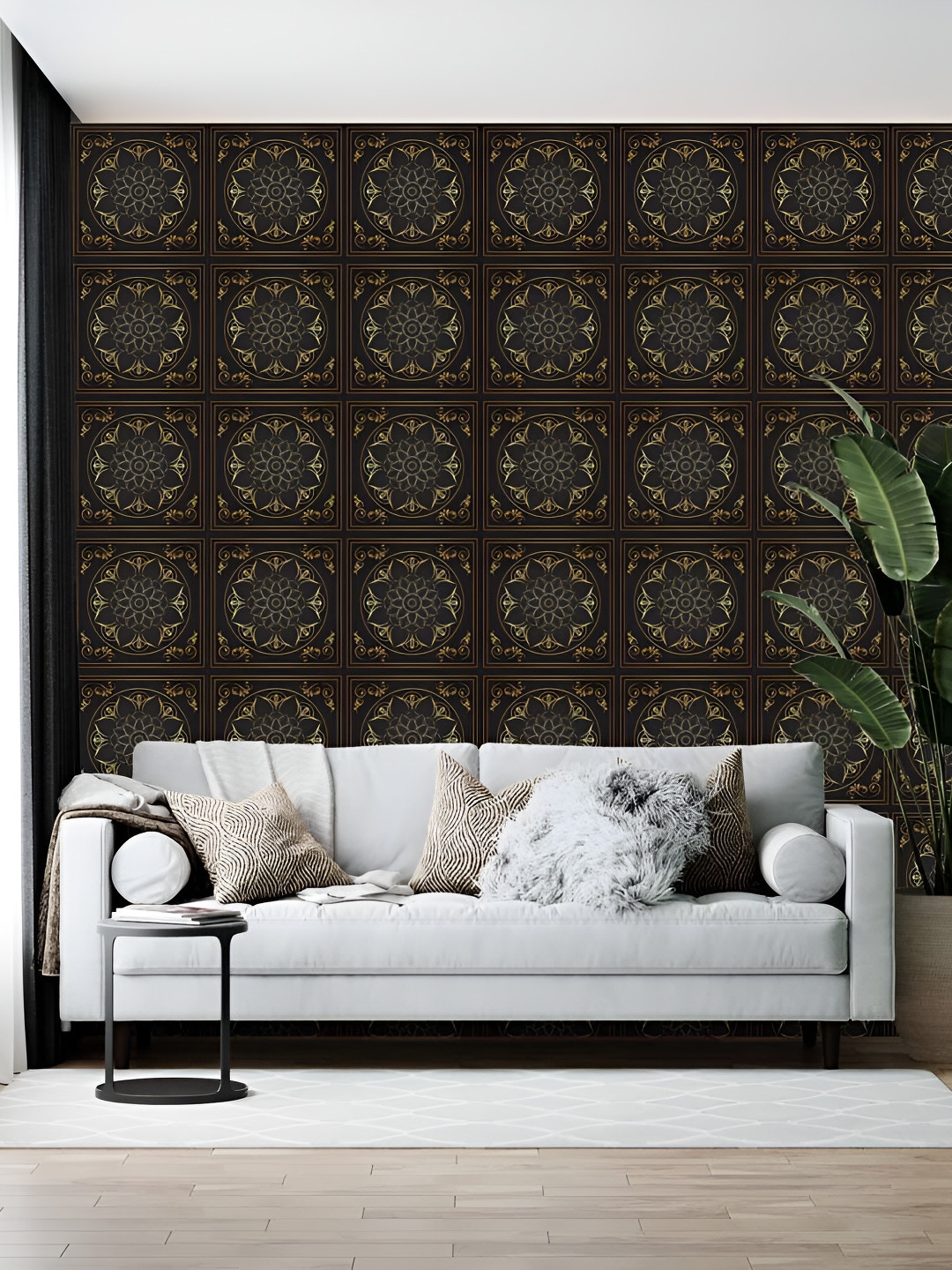British Terminal Black & Beige Floral Printed Self Adhesive Wall Sticker