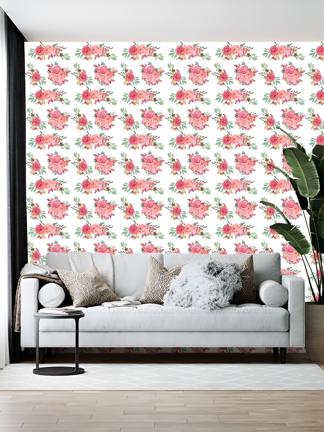 British Terminal White & Pink Floral Printed Wallpaper