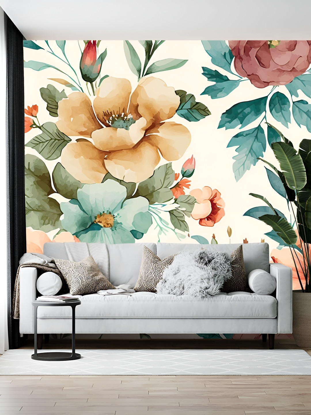 British Terminal Peach Coloured & Green Floral Printed Self Adhesive Wallpaper