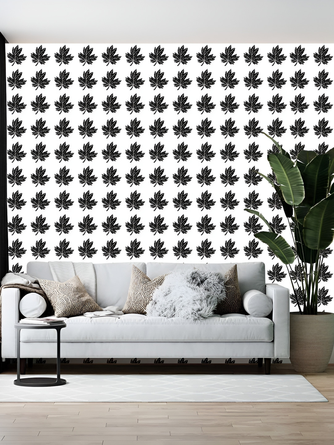 British Terminal White & Black Leaf Printed Self-Adhesive Wallpaper