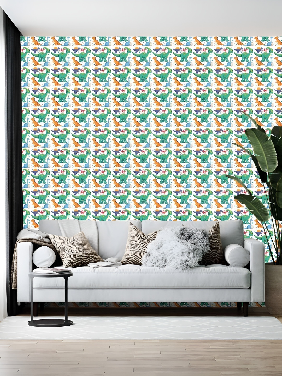 British Terminal Green & White Dinosaur Printed Self-Adhesive Wallpaper