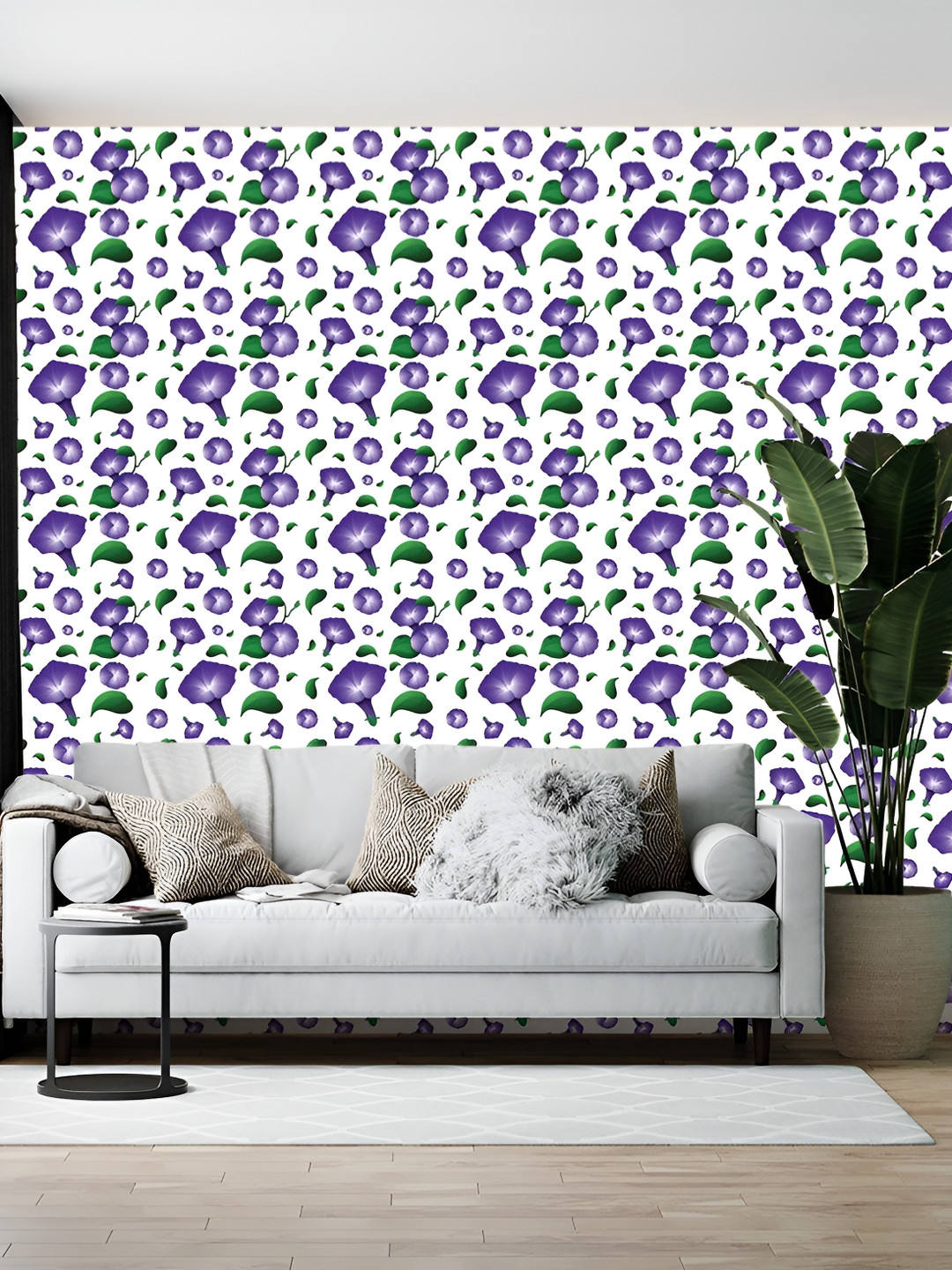 British Terminal White & Violet Floral Printed Wallpaper