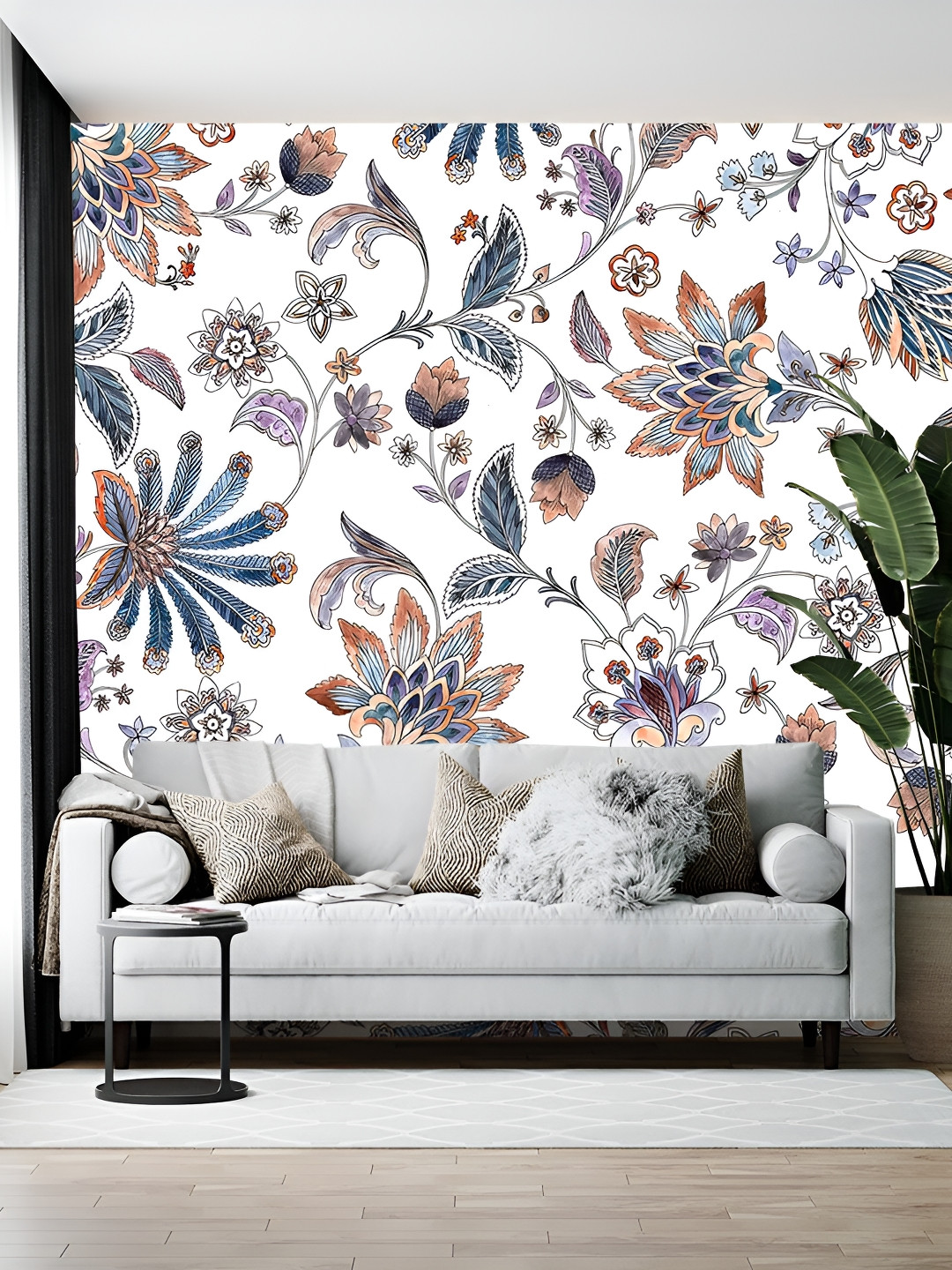 British Terminal White & Blue Floral Printed Wallpaper