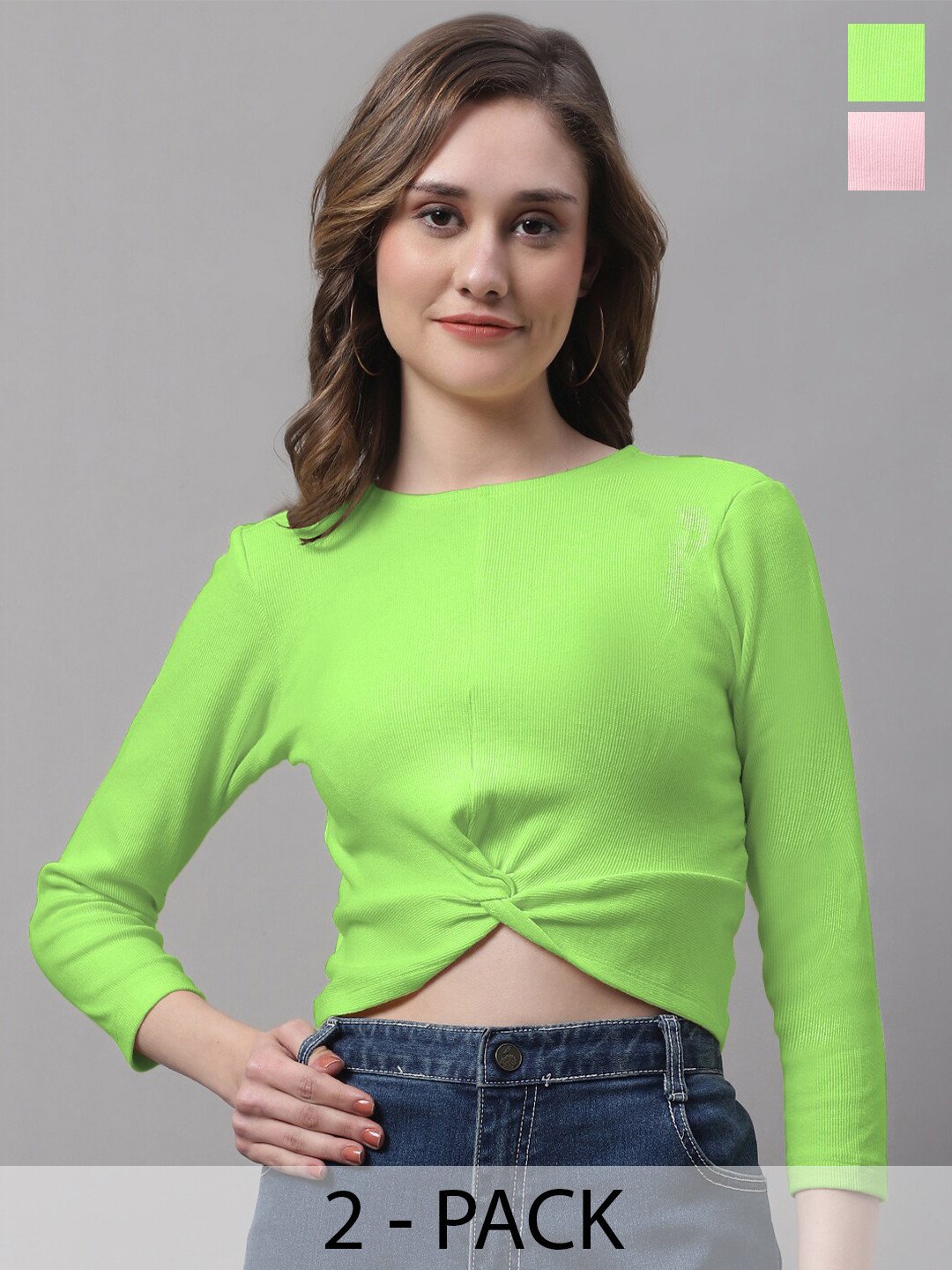 FBAR Pack Of 2 Round Neck Three-Quarter Sleeves Twisted Crop Tops