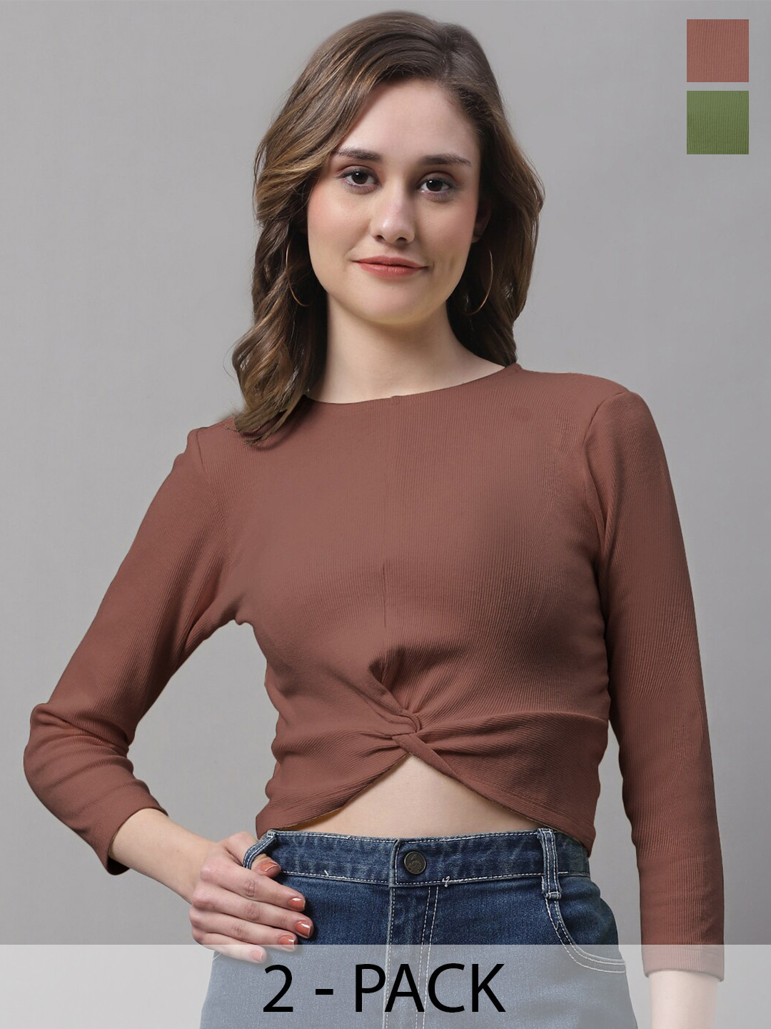 FBAR Pack Of 2 Round Neck Three-Quarter Sleeves Twisted Fitted Crop Tops