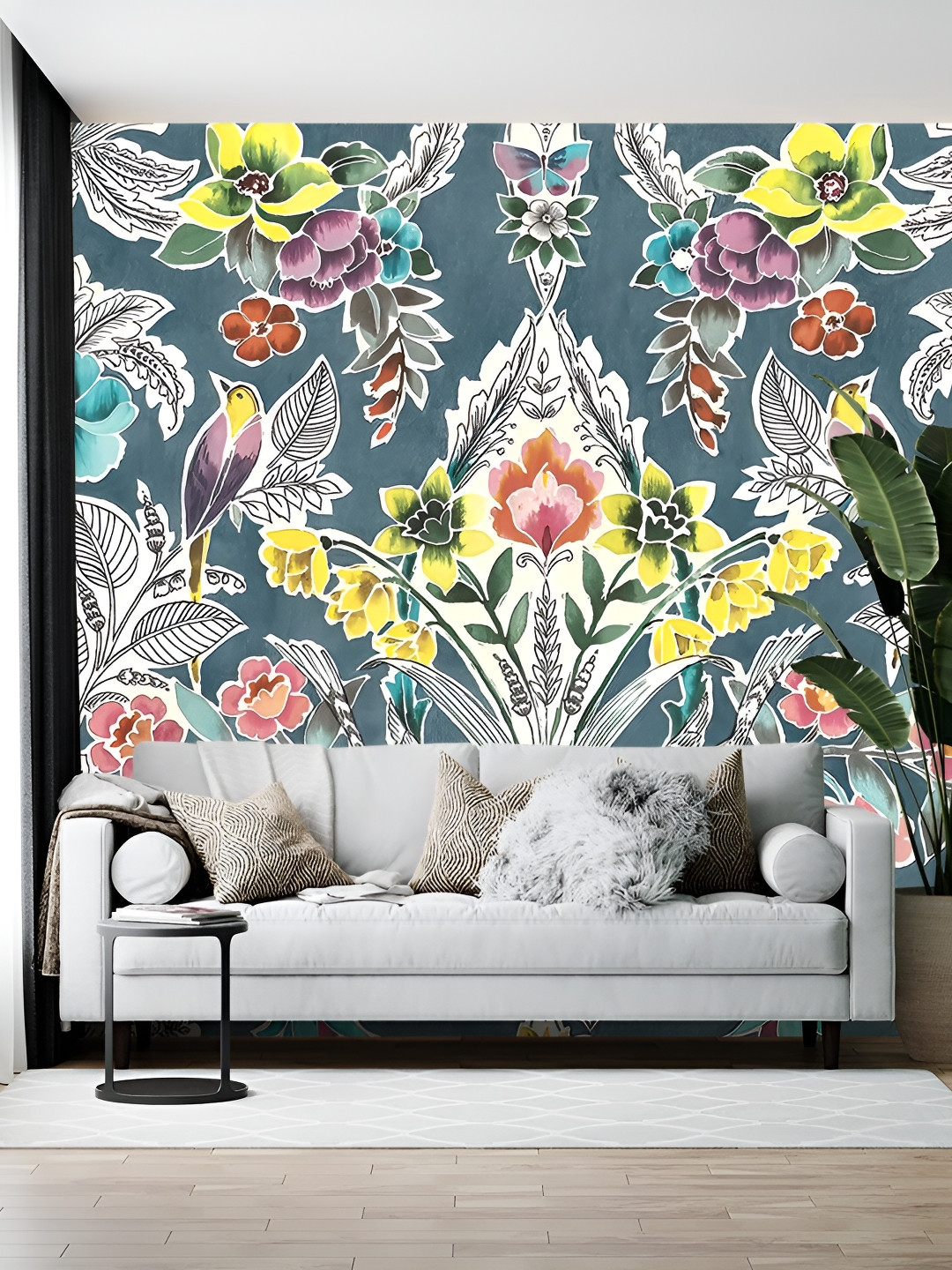 British Terminal Grey & Yellow Floral Printed Wallpaper