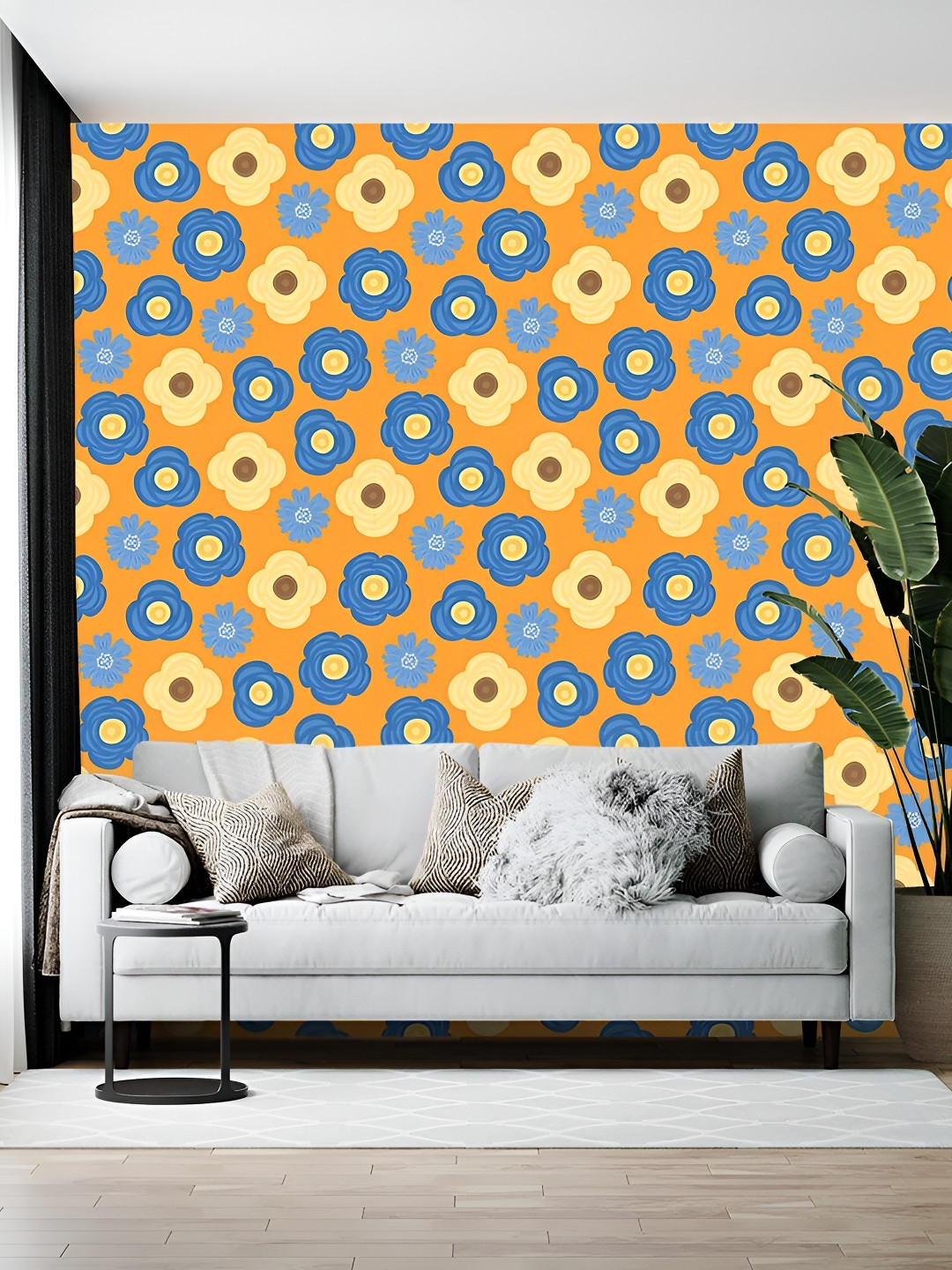 British Terminal Blue & Orange Colored Floral Printed Self-Adhesive Wall Sticker