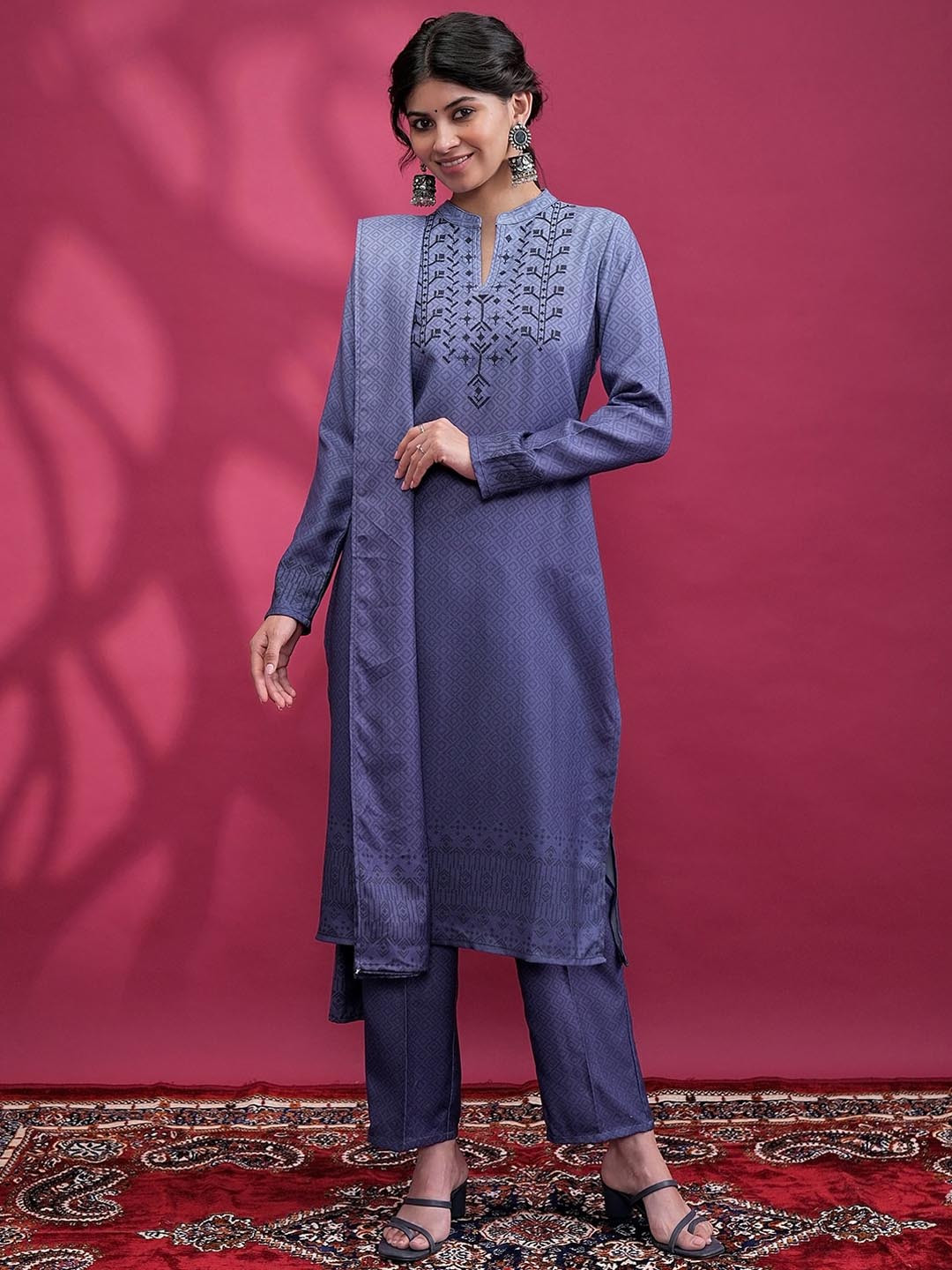 Vishudh Blue Printed Yoke Design Thread Work Straight Kurta with Trouser & Dupatta