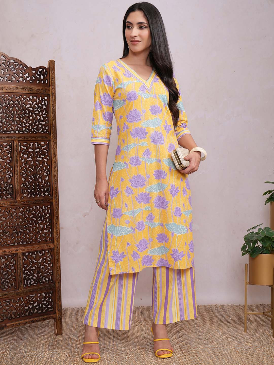 Vishudh Yellow Floral Printed Pure Cotton Straight Kurta with Palazzo