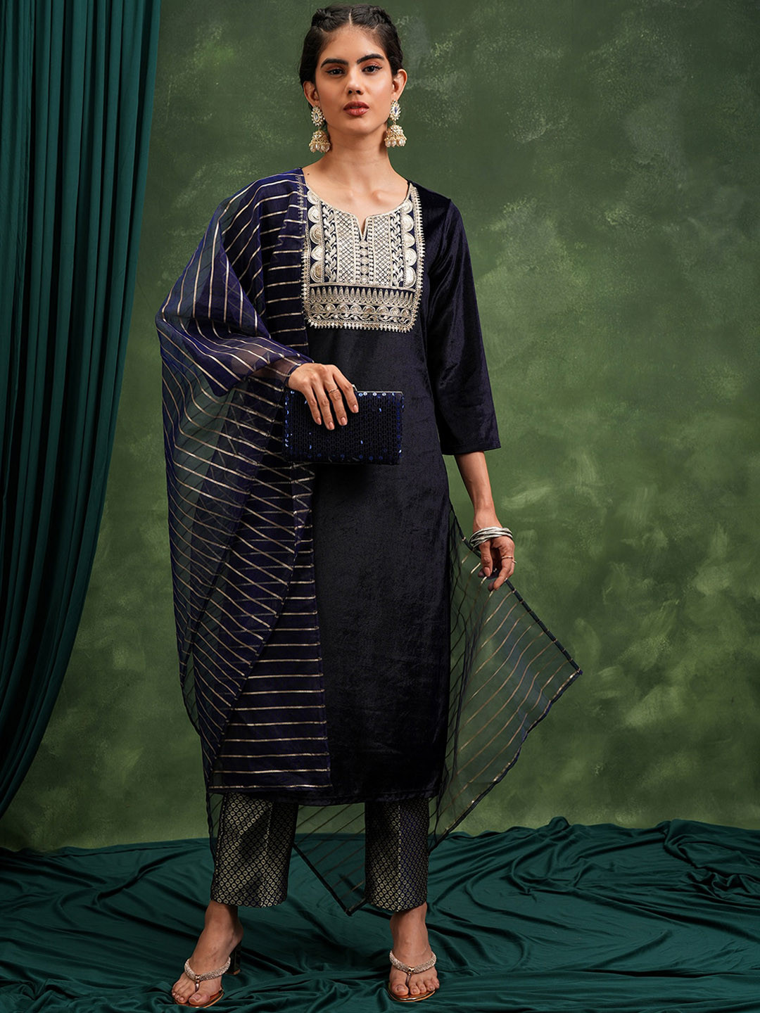 Vishudh Blue Ethnic Motifs Yoke Design Thread Work Straight Kurta with Trouser & Dupatta