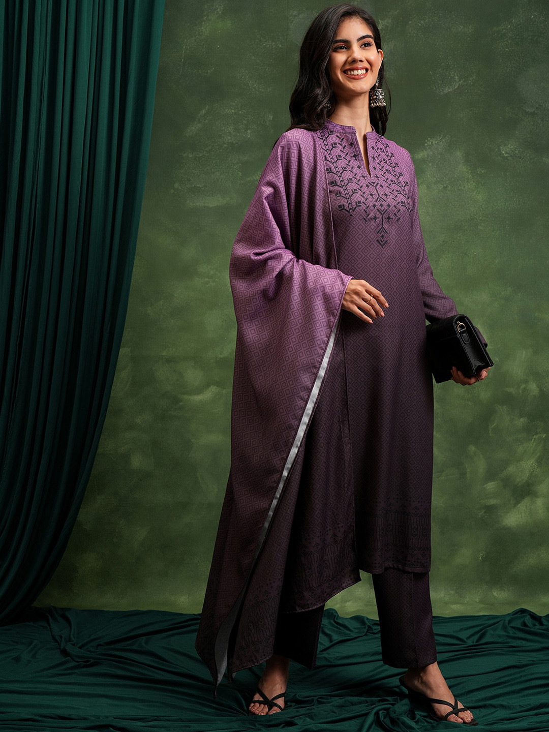 Vishudh Mauve Printed Yoke Design Thread Work Straight Kurta with Trouser & Dupatta