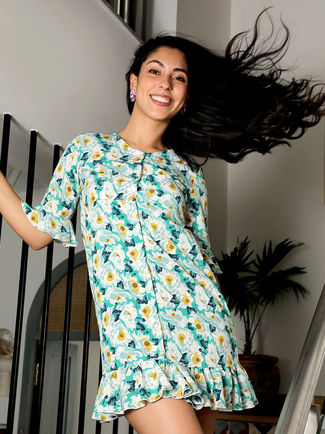 PINACOLADA Floral Print Bell Sleeves Knee Length Dress