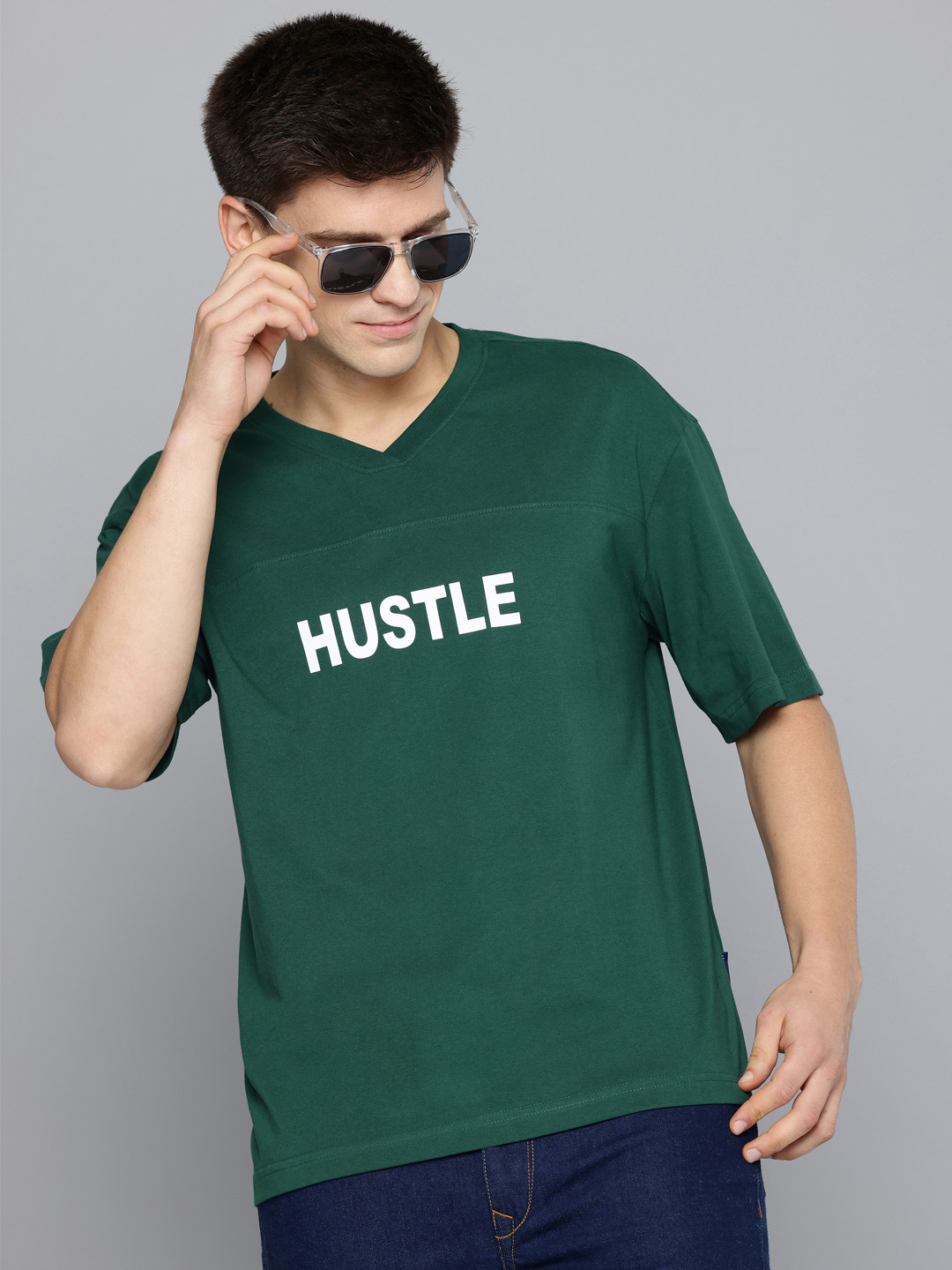 Aeropostale Printed V-Neck Drop-Shoulder Sleeves Pure Cotton Relaxed Fit T-shirt
