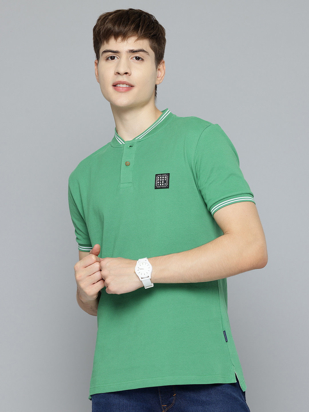 Aeropostale Henley Neck Pure Cotton Applique T-shirt