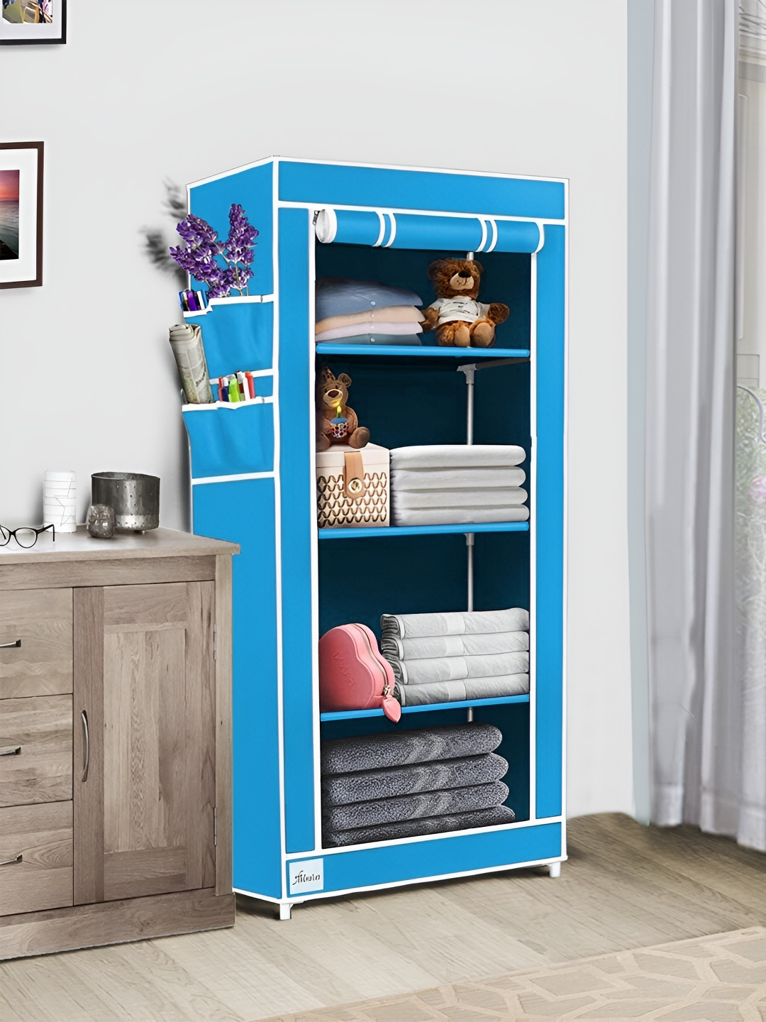 Pamworld Blue 4-Tier Rectangle Shelf Collapsible Wardrobe