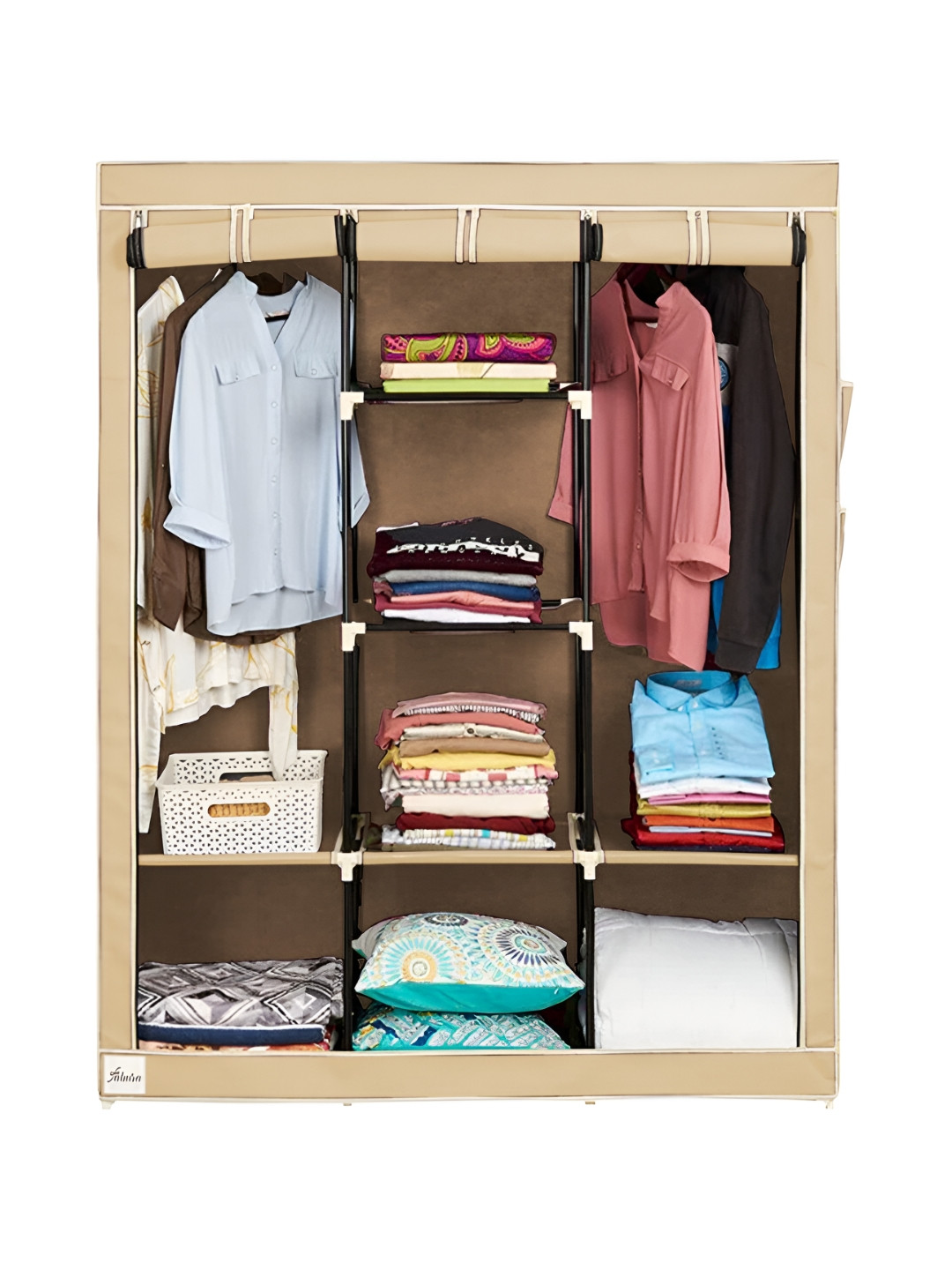 Pamworld Beige Triple Door Wardrobe With 8 Shelf Racks