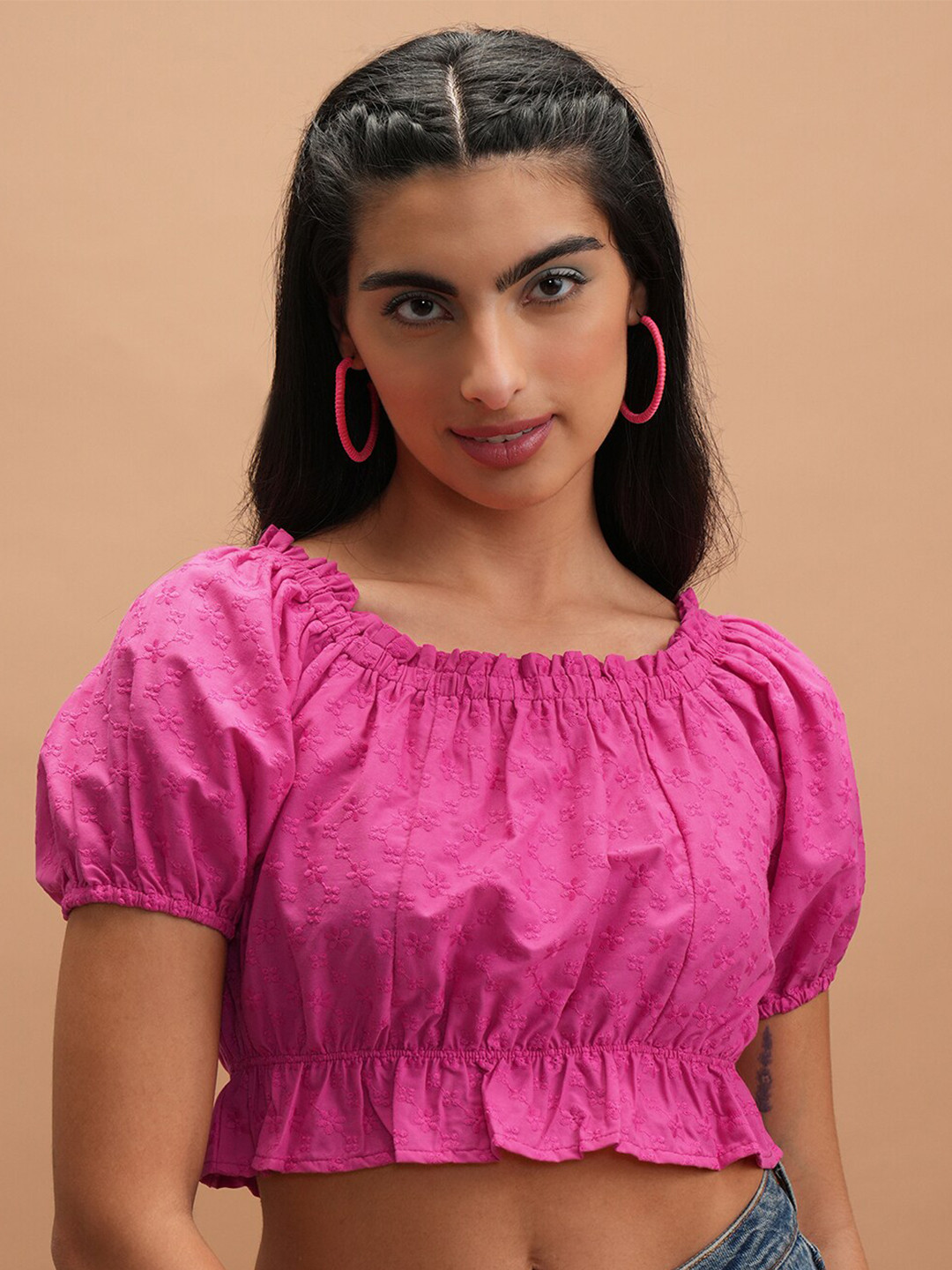 Vishudh Magenta Self Design Puff Sleeve Schiffli Blouson Crop Top