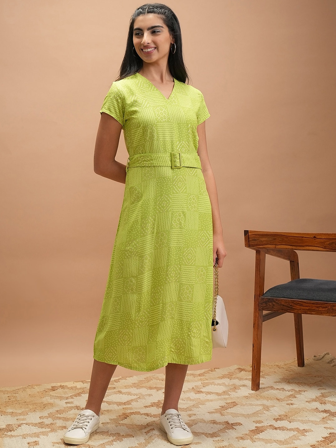 Vishudh Lime Green Bandhani Printed Belted A-Line Midi Dress