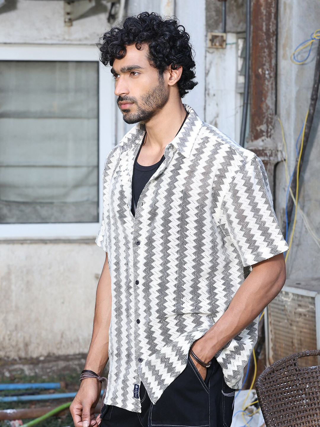 The Roadster Lifestyle Co Patterned Cotton Oversized-Fit Crochet Shirts