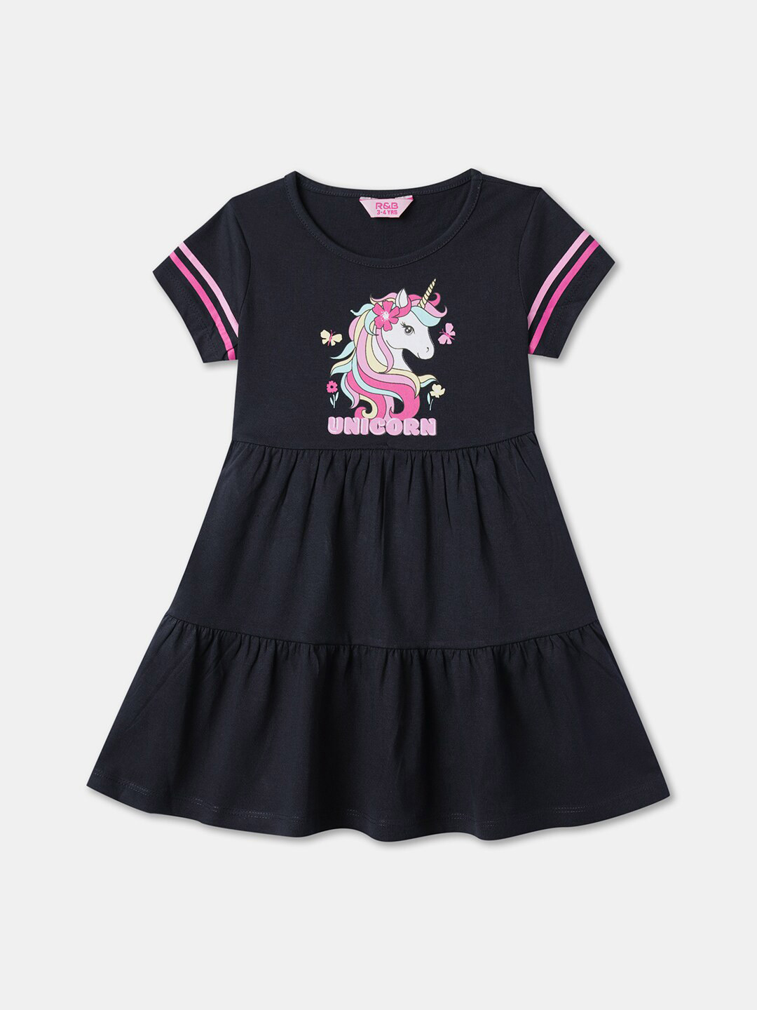R&B Girls Unicorn Graphic Printed Cotton Tiered Fit & Flare Dress