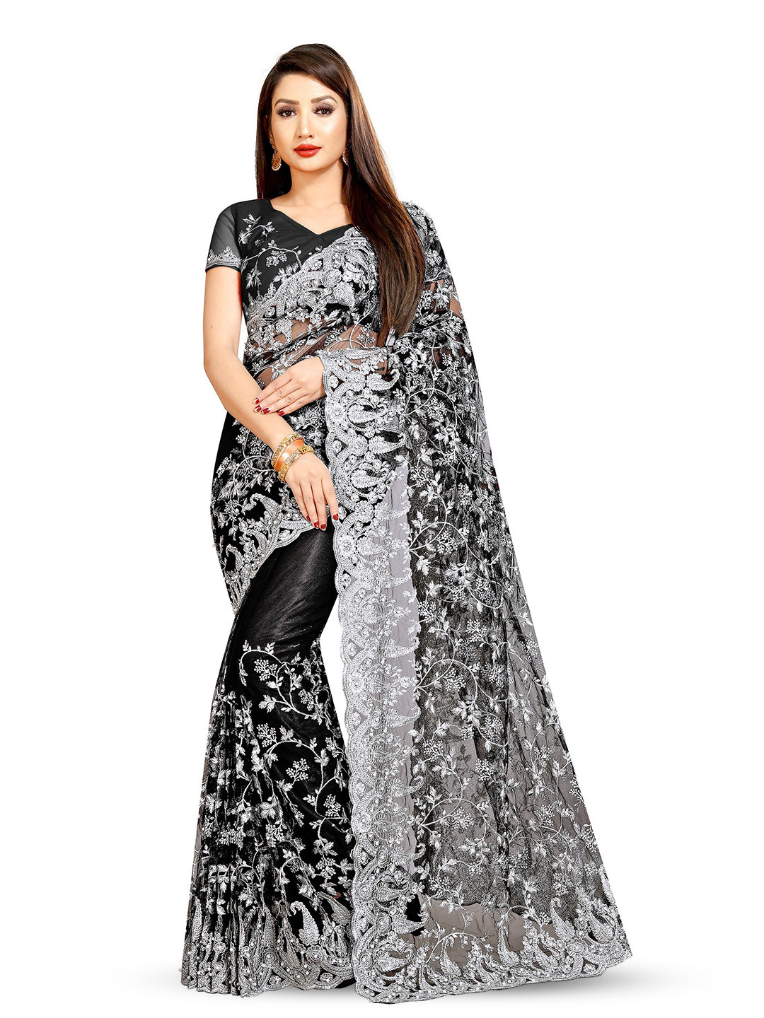 PARMMRAA DESIGNER Floral Embroidered Net Saree