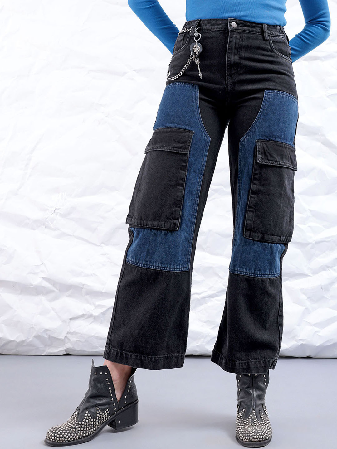 Freehand by The Indian Garage Co Women Carpenter Fit High-Rise Pure Cotton Cargo Jeans