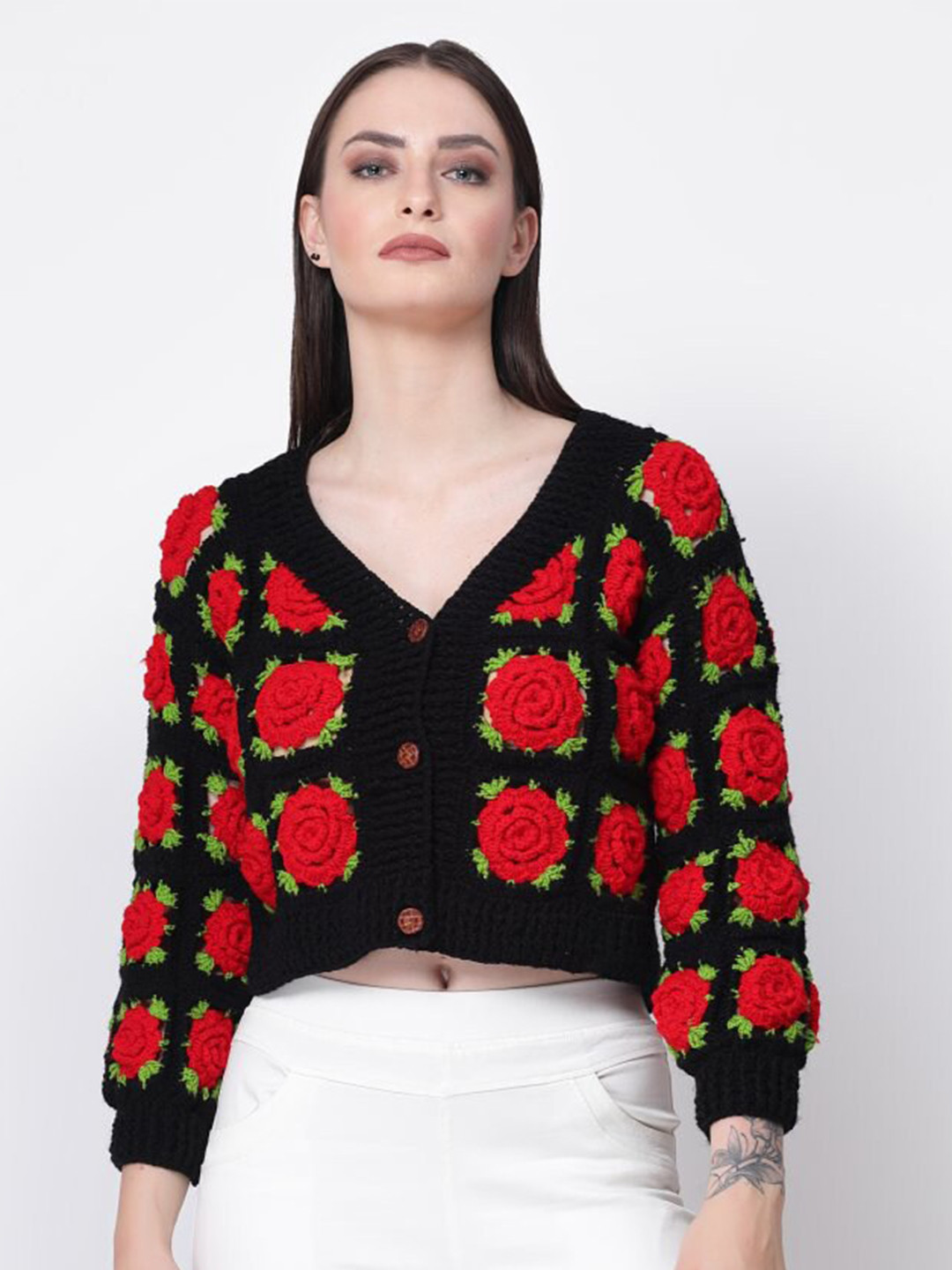 WINDROP SOLUTIONS Floral Self Design V-Neck Acrylic Crop Cardigan