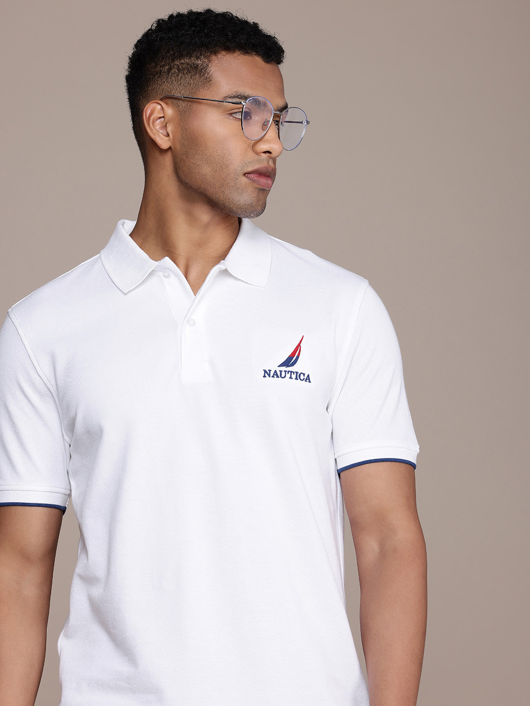 Nautica Brand Logo Embroidered Polo Collar Pure Cotton T-shirt