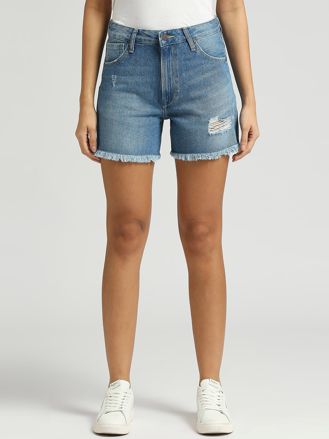 Pepe Jeans Women Washed High-Rise Pure Cotton Denim Shorts
