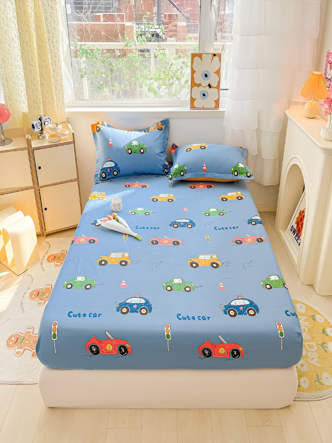 JC HOME Mondrian'S Mosaic Blue Graphic Cotton 220 TC Fitted Queen Fine Bedsheet with 2 Pillow Covers-150 x 200 cm